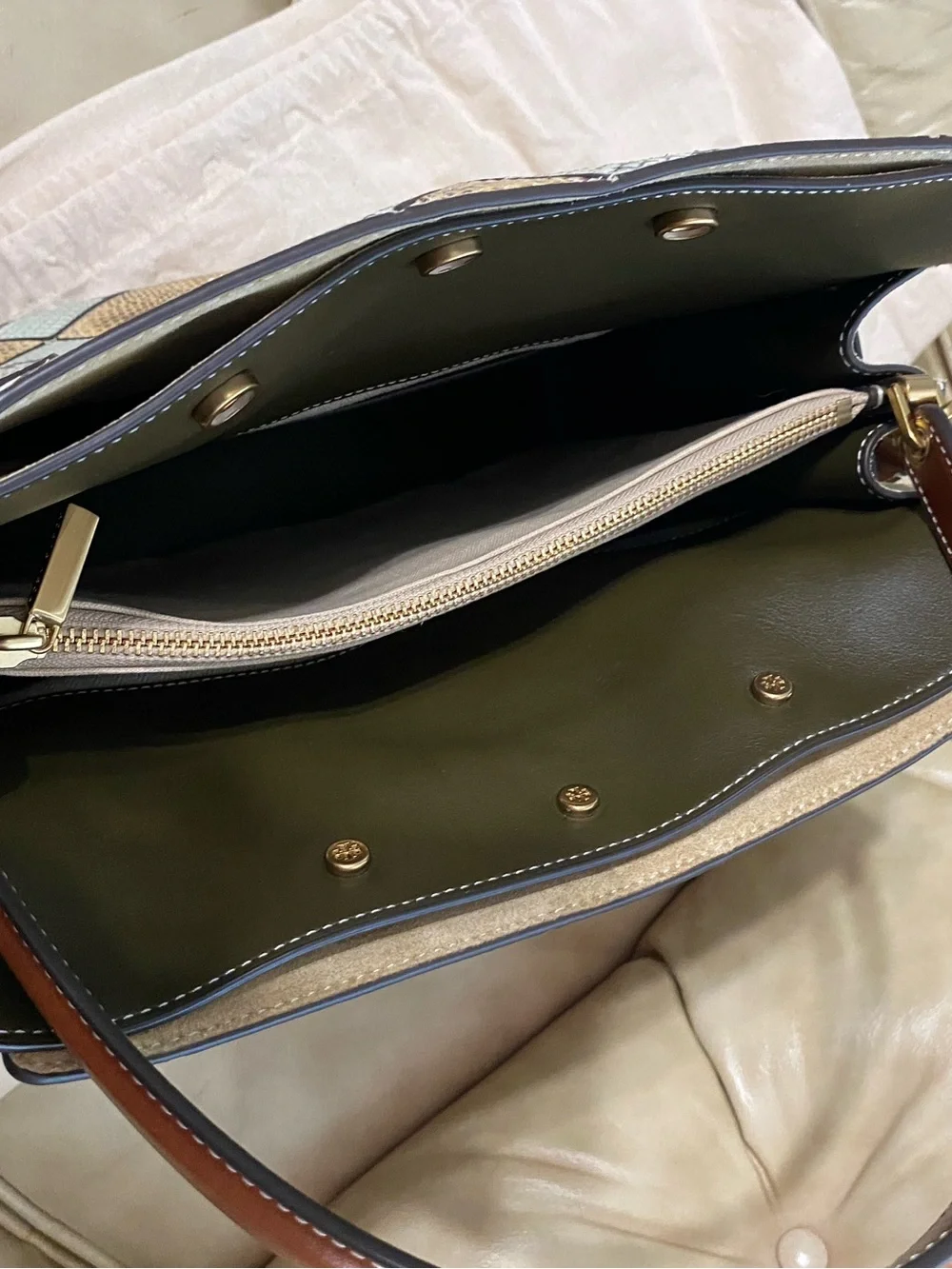 LKNW Tory Burch Lee Radziwill Large Double Bag Leather Snake Python Green Beige